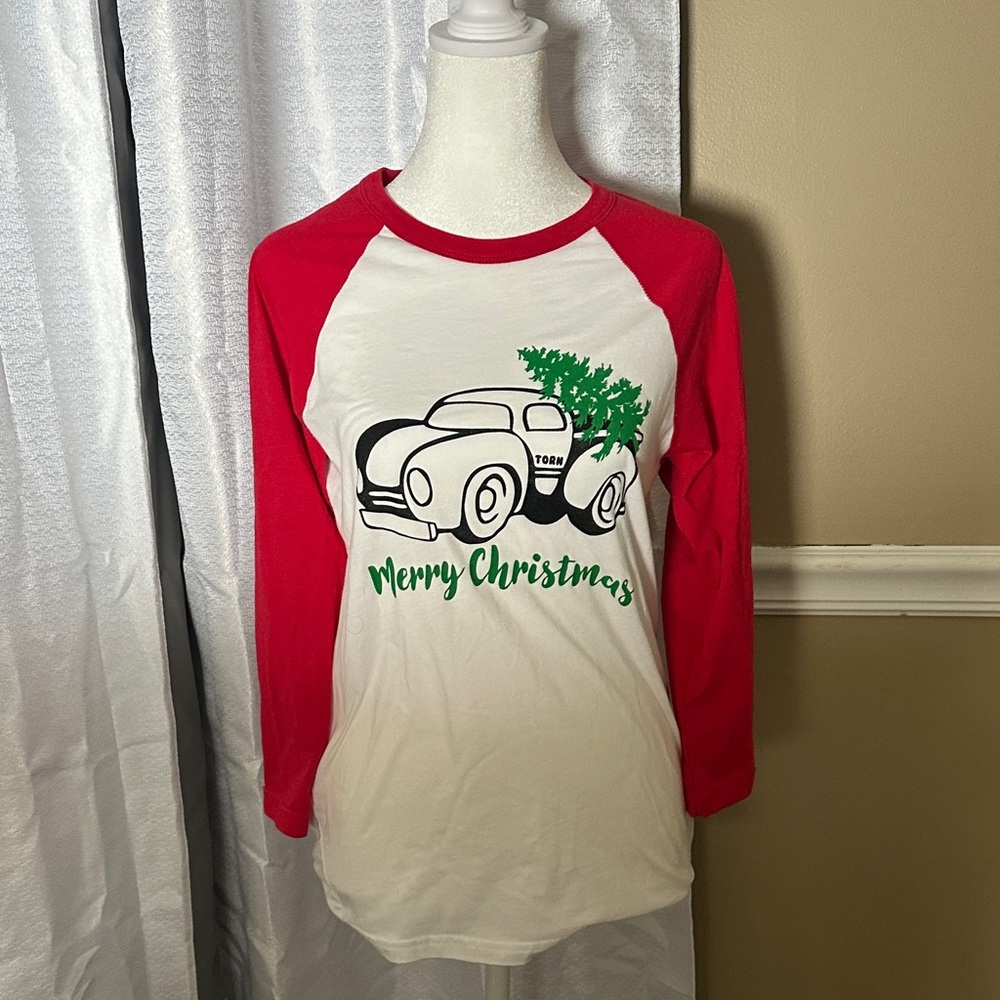 Bella Canvas Red and White Christmas Truck Raglan Tee